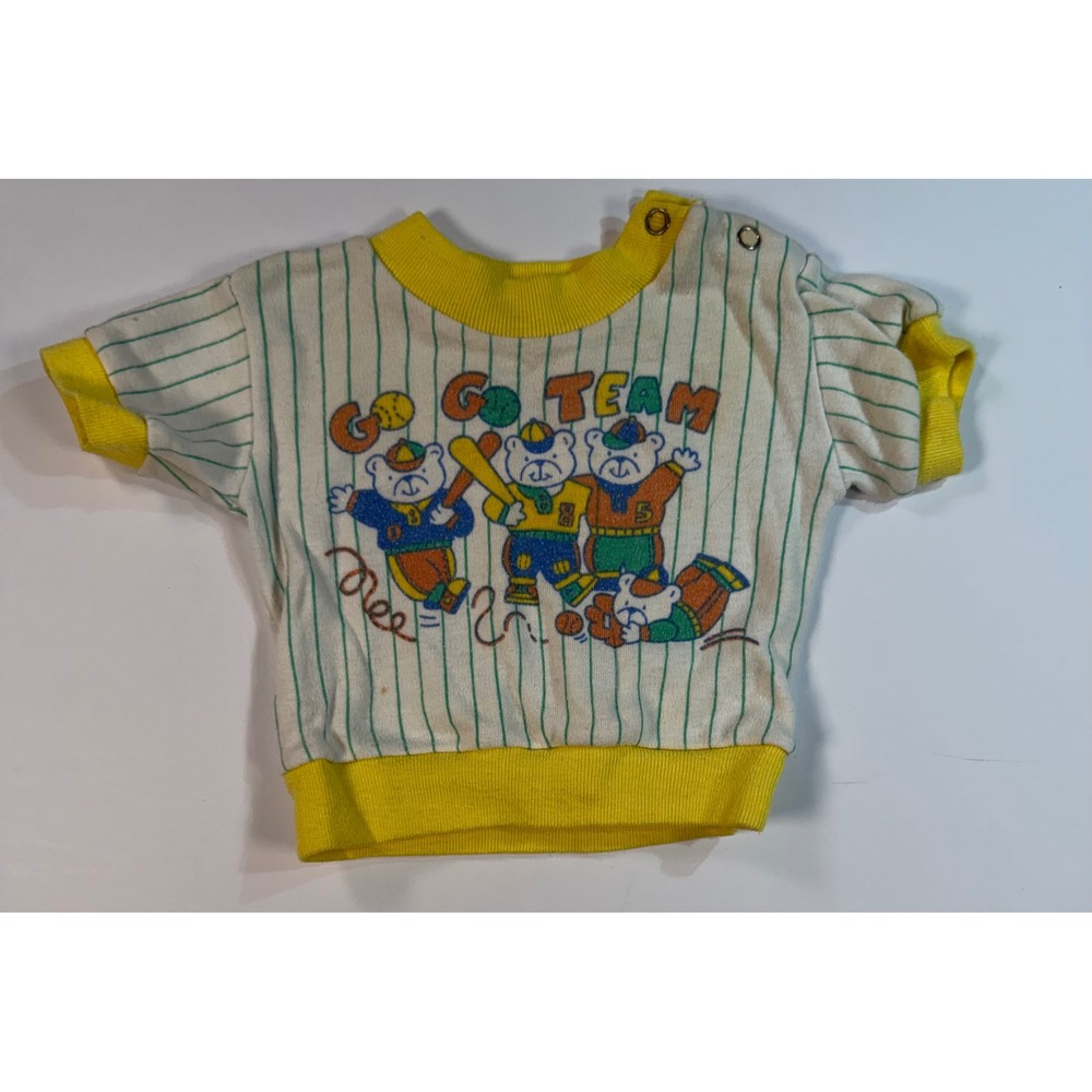 Vintage Go Team Baseball Bears Baby T-Shirt Pinstripe Yellow Green Snap Shoulder